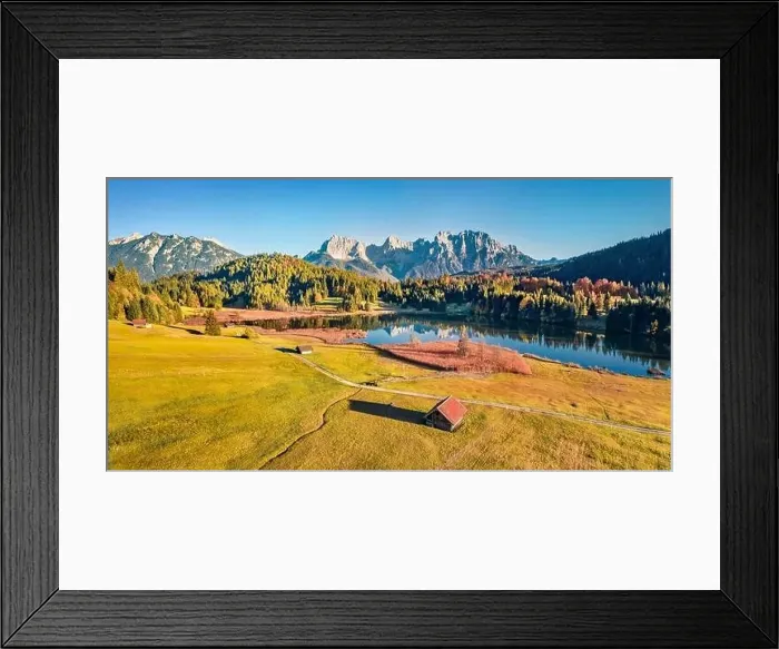 Framed Print : Bright autumn view from flying drone of Wagenbruchsee (Geroldsee) Framed Print : Bright autumn view from flying drone of Wagenbruchsee (Geroldsee)