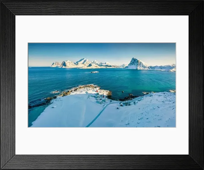Framed Print : View from flying drone of Storsandnes Beach and village Framed Print : View from flying drone of Storsandnes Beach and village
