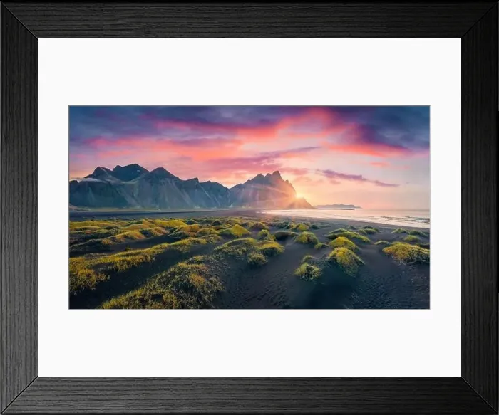 Framed Print : View from flying drone of Stokksnes cape with Vestrahorn (Batman Mountain) on background Framed Print : View from flying drone of Stokksnes cape with Vestrahorn (Batman Mountain) on background