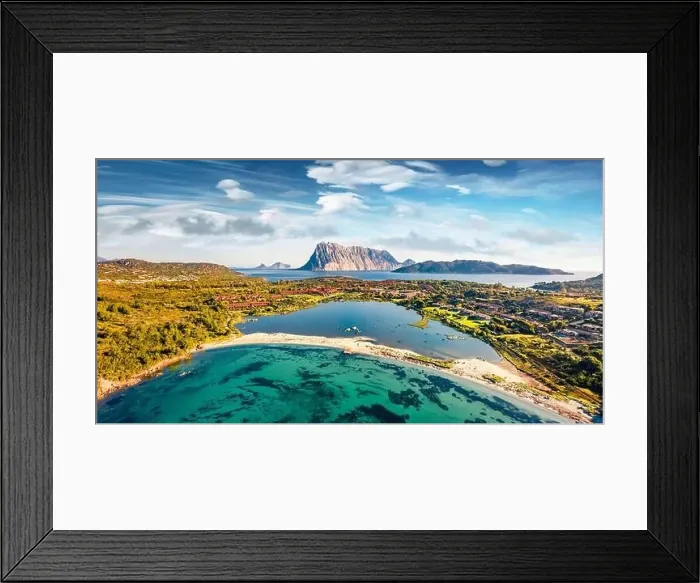 Framed Print : Panoramic spring view from flying drone of Salina Bamba beach with Tavolara mountain on background Framed Print : Panoramic spring view from flying drone of Salina Bamba beach with Tavolara mountain on background