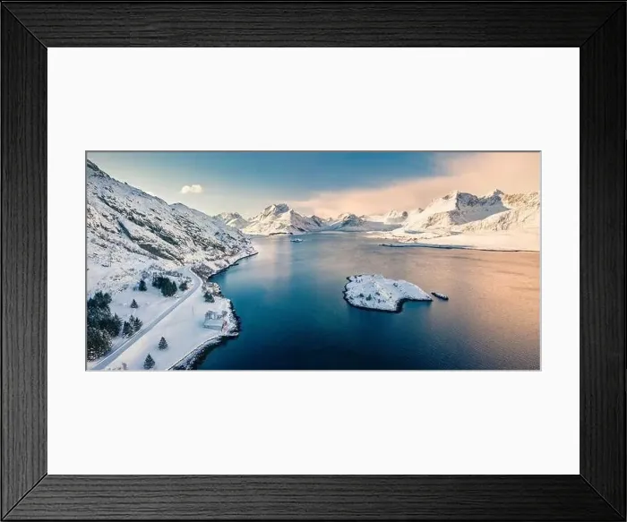 Framed Print : Frosty morning view from flying drone of Andopen fjord with Kakernbrua bridge on background