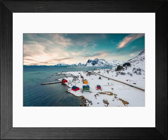 Framed Print : View from flying drone of Justad fishing village on Vestvagoy island Framed Print : View from flying drone of Justad fishing village on Vestvagoy island