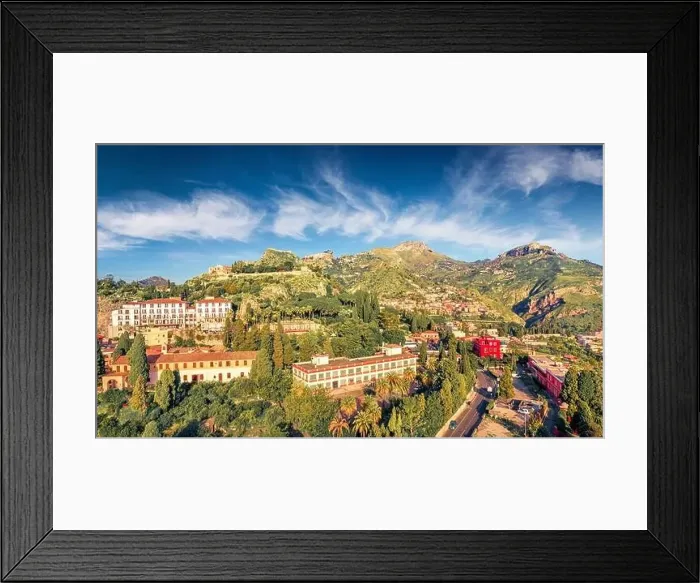 Framed Print : View from flying drone. Sunny morning view of Taormina town