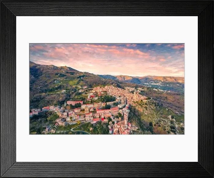 Framed Print : View from flying drone. Amazing spring cityscape of Novara di Sicilia town Framed Print : View from flying drone. Amazing spring cityscape of Novara di Sicilia town