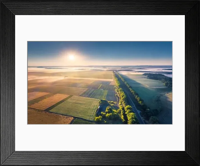 Framed Print : View from flying drone. Incredible morning scene of Ukrainian countryside with field of wheat and road Framed Print : View from flying drone. Incredible morning scene of Ukrainian countryside with field of wheat and road