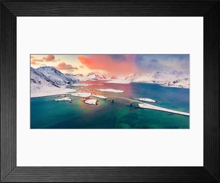 Framed Print : Panoramic morning view from flying drone of Fredvang bridge