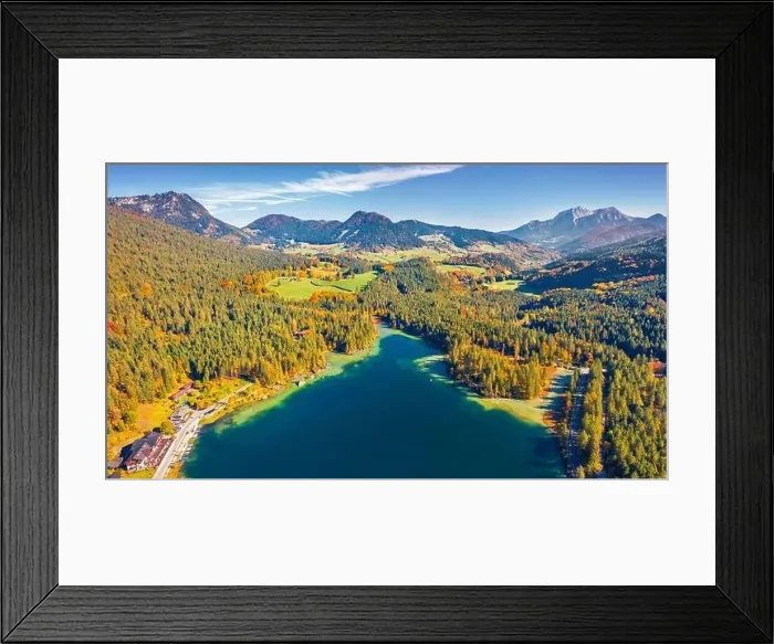 Framed Print : Exciting autumn view from flying drone of Hintersee lake