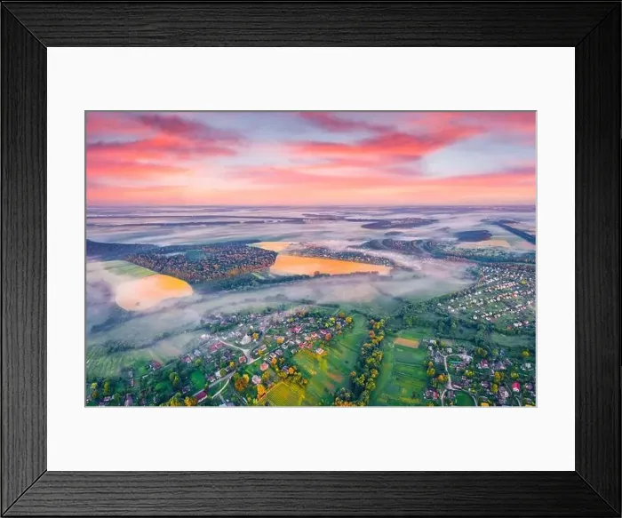 Framed Print : View from flying drone. Breathtaking morning scene of Ukrainian countryside with field of wheat
