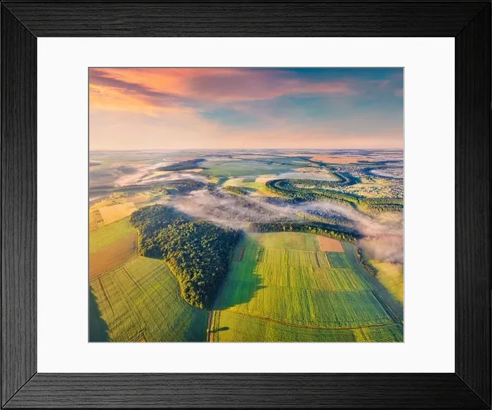 Framed Print : View from flying drone. Attractive morning scene of Ukrainian countryside with field of wheat Framed Print : View from flying drone. Attractive morning scene of Ukrainian countryside with field of wheat