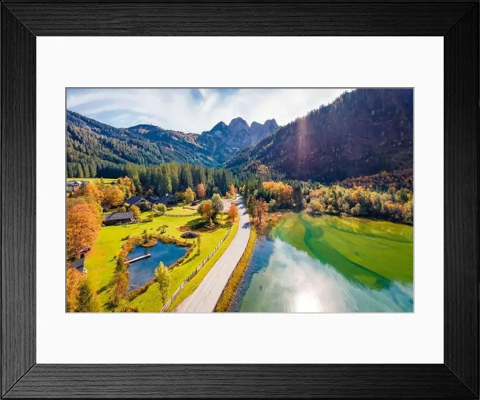 Framed Print : Sunny morning view from flying drone of Gosaubach lake Framed Print : Sunny morning view from flying drone of Gosaubach lake