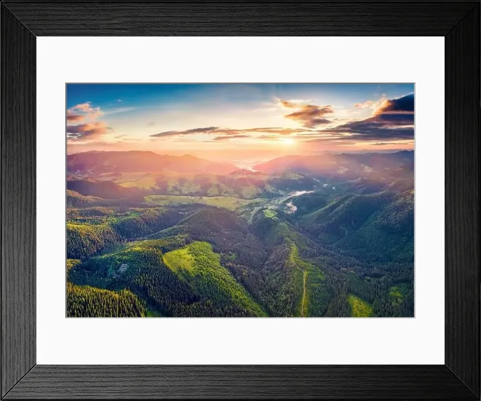 Framed Print : View from flying drone. Dramatic summer sunrise in Carpathian mountains Framed Print : View from flying drone. Dramatic summer sunrise in Carpathian mountains