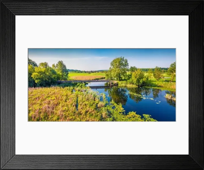 Framed Print : View from flying drone. Panoramic morning view of bridge over Seret river Framed Print : View from flying drone. Panoramic morning view of bridge over Seret river