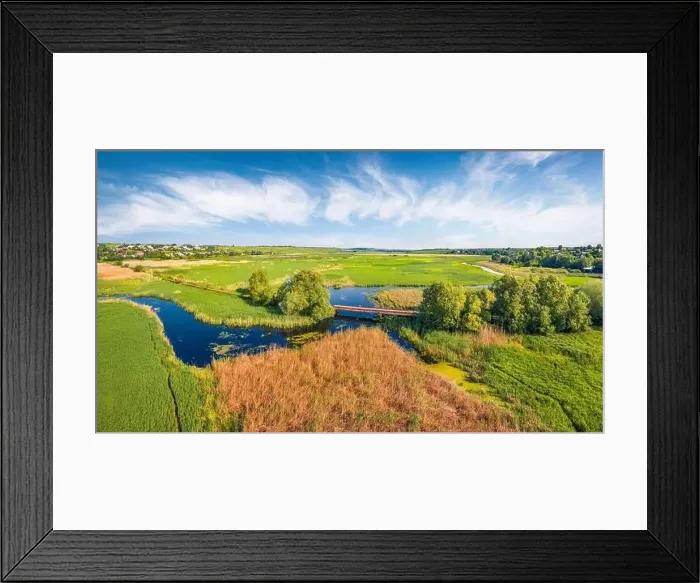 Framed Print : View from flying drone. Sunny morning view of bridge over Seret river Framed Print : View from flying drone. Sunny morning view of bridge over Seret river