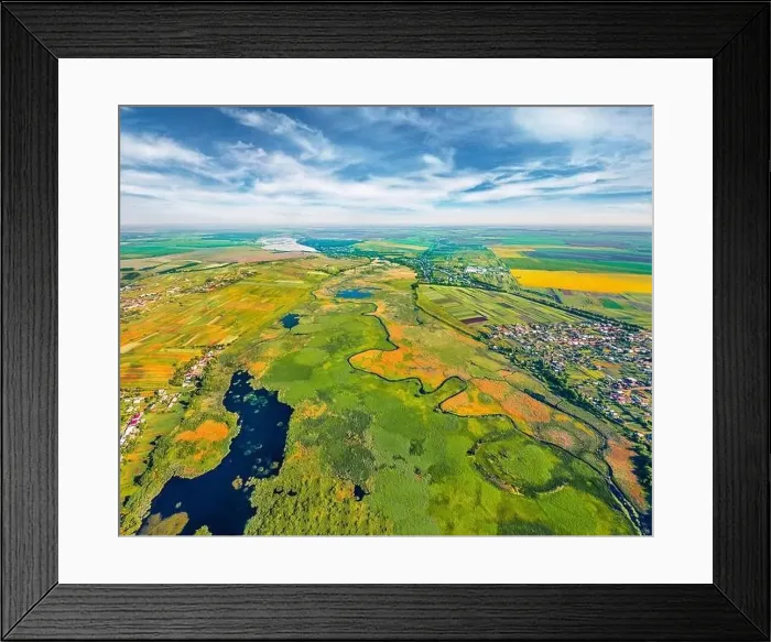 Framed Print : Aerial summer view of flooded valley of Seret river Framed Print : Aerial summer view of flooded valley of Seret river