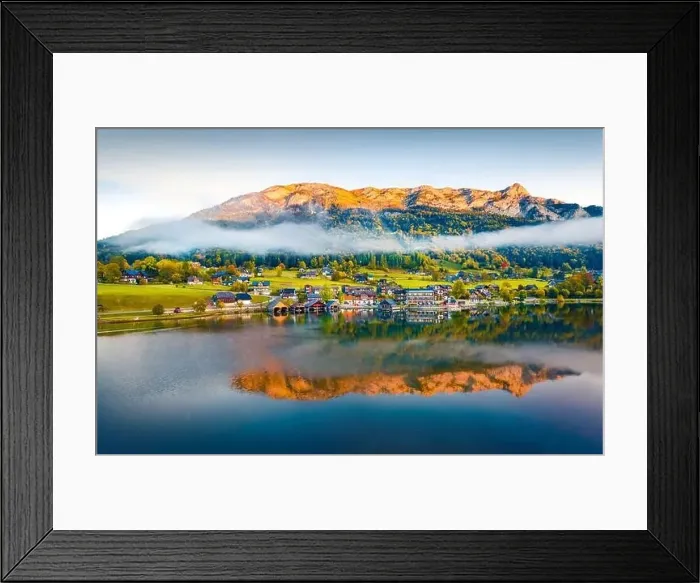 Framed Print : Foggy summer view from flying droneof Grundlsee lake Framed Print : Foggy summer view from flying droneof Grundlsee lake