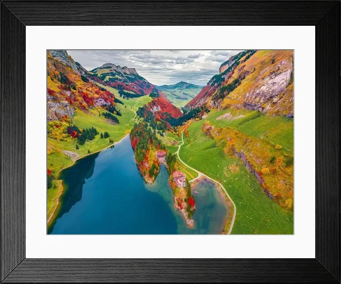 Framed Print : Colorful autumn view from flying drone of Seealpsee lake Framed Print : Colorful autumn view from flying drone of Seealpsee lake