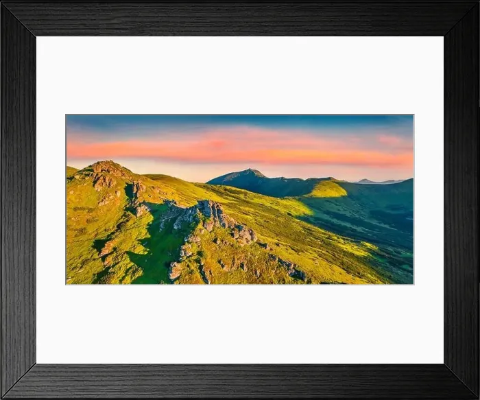 Framed Print : Panoramic summer view from flying drone of Carpathian mountains Framed Print : Panoramic summer view from flying drone of Carpathian mountains