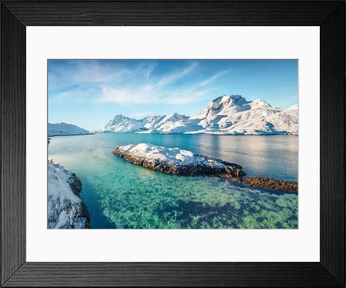 Framed Print : View from flying drone of Andopen fjord with Kakernbrua bridge on background Framed Print : View from flying drone of Andopen fjord with Kakernbrua bridge on background