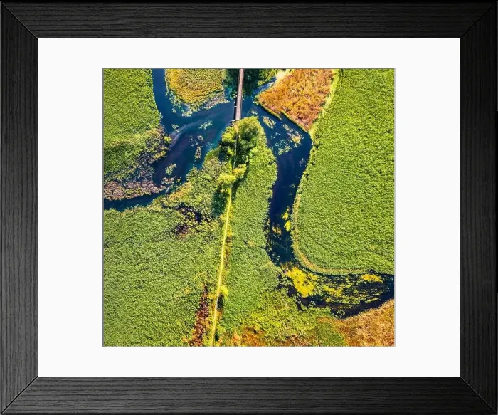 Framed Print : Straight dawn view from flying drone of bridge over Seret river Framed Print : Straight dawn view from flying drone of bridge over Seret river
