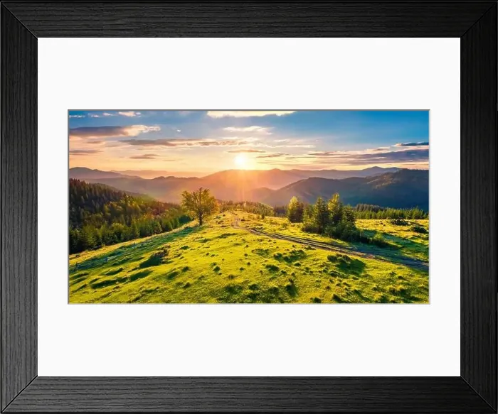 Framed Print : View from flying drone of mountain valley with old country road Framed Print : View from flying drone of mountain valley with old country road