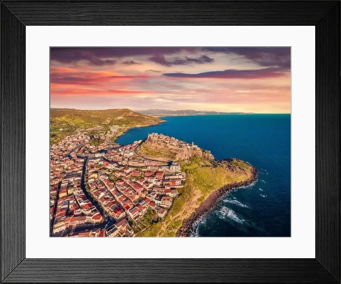 Framed Print : Colorful morning view from flying drone of Castelsardo port Framed Print : Colorful morning view from flying drone of Castelsardo port