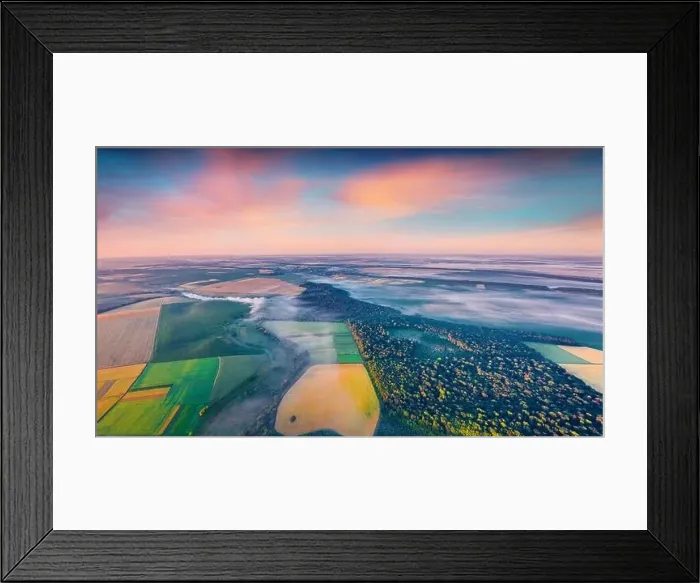 Framed Print : View from flying drone of Ukrainian countryside with field of wheat Framed Print : View from flying drone of Ukrainian countryside with field of wheat