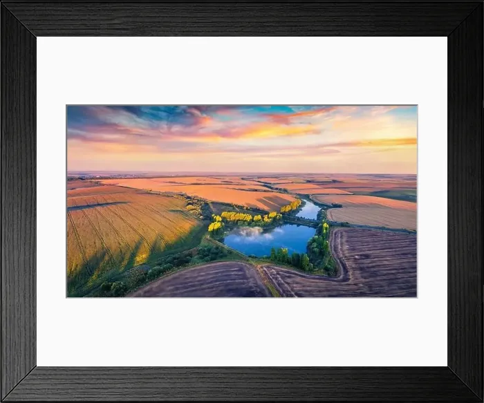 Framed Print : Superb summer sunrise on Ternopil outskirts with two lakes and asphalt road on the midle Framed Print : Superb summer sunrise on Ternopil outskirts with two lakes and asphalt road on the midle