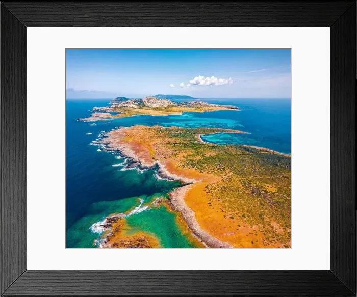 Framed Print : View from flying drone of Falcone cape and Torre della Pelosa tower Framed Print : View from flying drone of Falcone cape and Torre della Pelosa tower