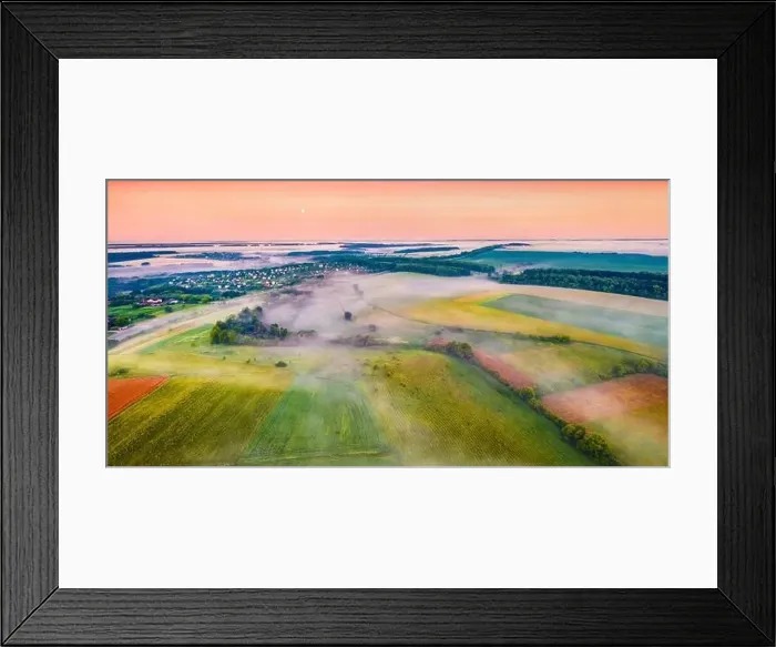 Framed Print : Colorful dawn on Ukrainian countryside with foggy fields Framed Print : Colorful dawn on Ukrainian countryside with foggy fields