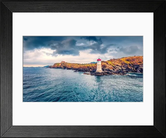 Framed Print : Panoramic morning view from flying drone of di Capo Ferro Lighthose Framed Print : Panoramic morning view from flying drone of di Capo Ferro Lighthose