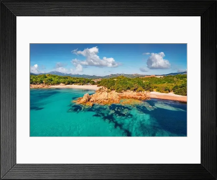 Framed Print : View from flying drone of popular touris deastination - Capriccioli beach Framed Print : View from flying drone of popular touris deastination - Capriccioli beach