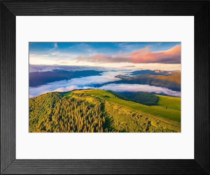Framed Print : Colorful sunrise on mountain forest Framed Print : Colorful sunrise on mountain forest