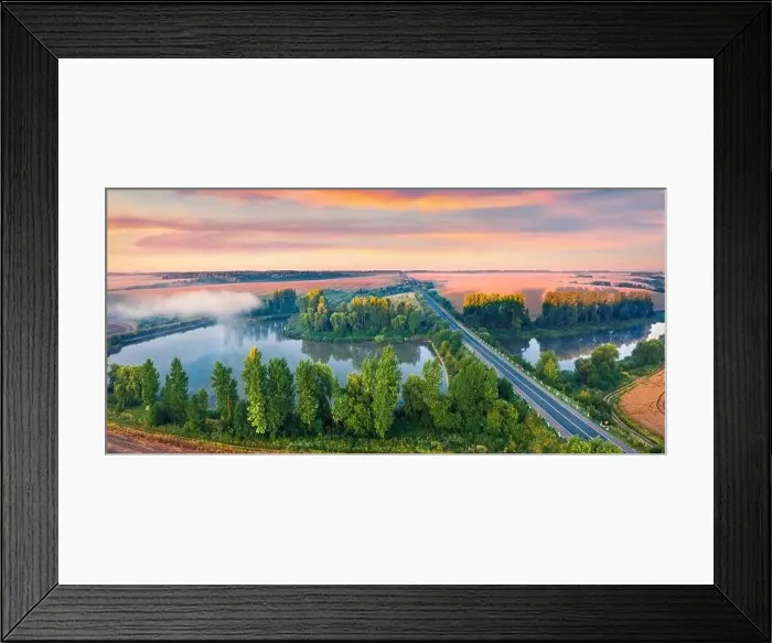 Framed Print : Attractive summer sunset on the Ternopil outskirts with two lakes and asphalt road Framed Print : Attractive summer sunset on the Ternopil outskirts with two lakes and asphalt road