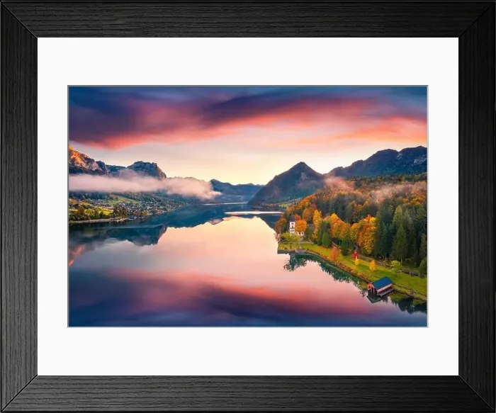 Framed Print : Stunning autumn view from flying drone of Grundlsee lake Framed Print : Stunning autumn view from flying drone of Grundlsee lake