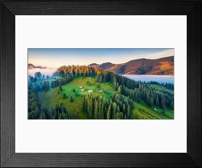 Framed Print : First sunlight glowing mountain hill on Snidavka village Framed Print : First sunlight glowing mountain hill on Snidavka village