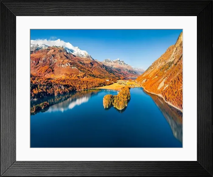 Framed Print : Spectacular evening view from flying drone of Sils lake Framed Print : Spectacular evening view from flying drone of Sils lake