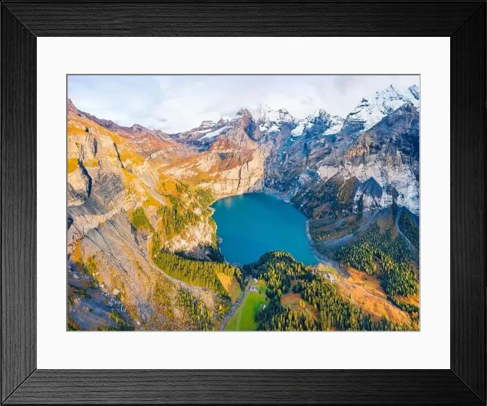 Framed Print : View from flying drone. Attractive autumn view of unique Oeschinensee Lake Framed Print : View from flying drone. Attractive autumn view of unique Oeschinensee Lake