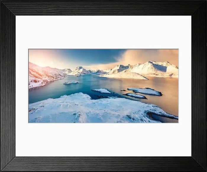 Framed Print : Bright morning view from flying drone of Andopen fjord with Kakernbrua bridge on background Framed Print : Bright morning view from flying drone of Andopen fjord with Kakernbrua bridge on background