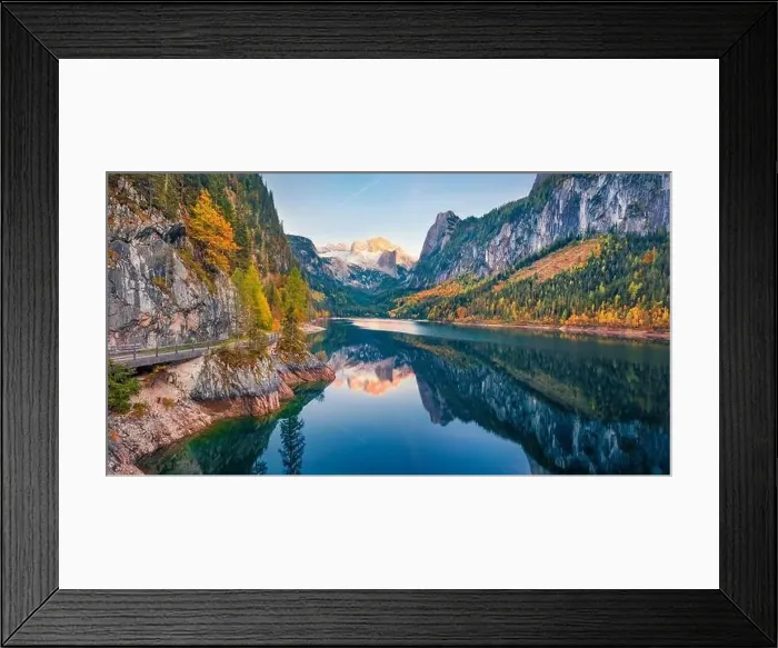 Framed Print : View from flying drone of Gosausee (Vorderer) lake with Dachstein glacieron background Framed Print : View from flying drone of Gosausee (Vorderer) lake with Dachstein glacieron background