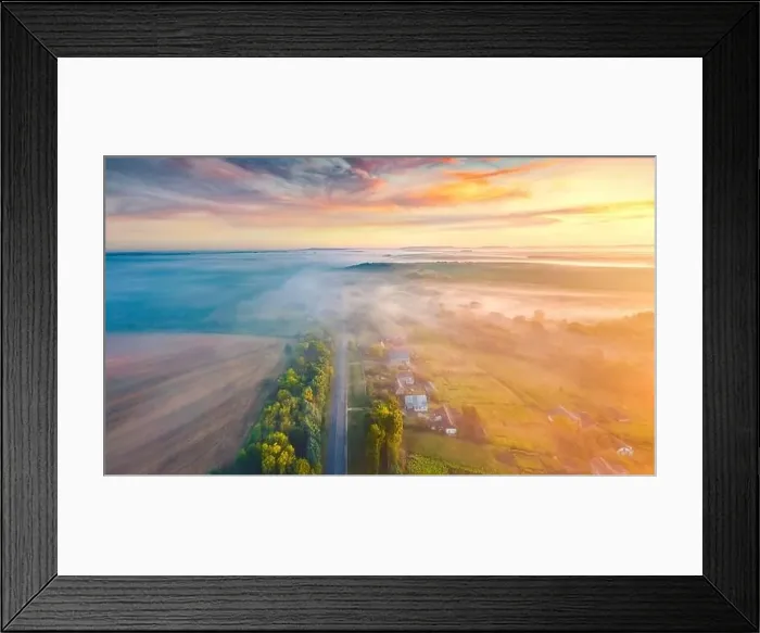 Framed Print : Foggy summer sunrise on countryside