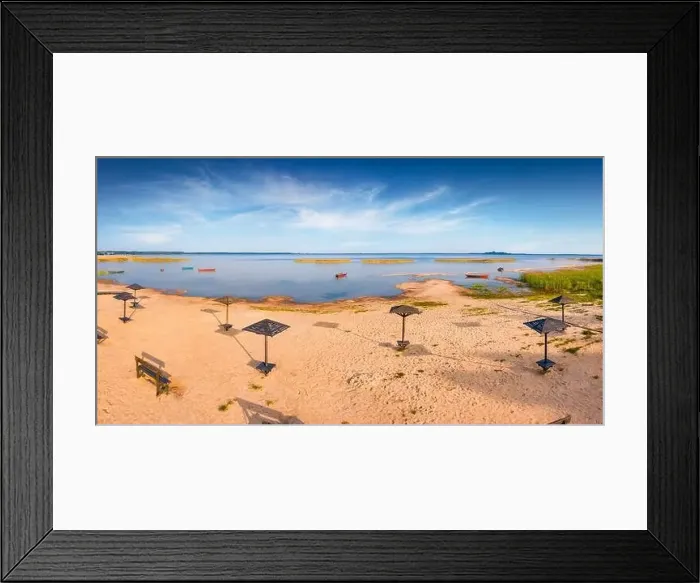 Framed Print : View from flying drone of empty publik beach of Svityaz lake Framed Print : View from flying drone of empty publik beach of Svityaz lake