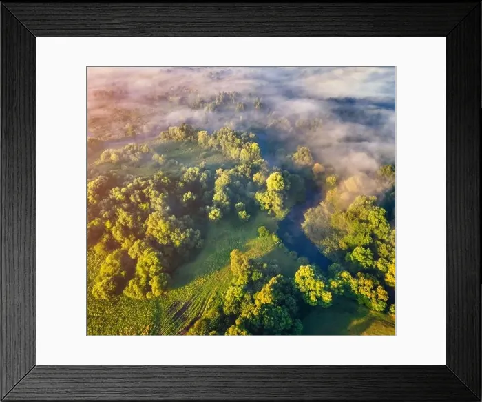 Framed Print : Straight down view from flying drone of small river on the foggy forest Framed Print : Straight down view from flying drone of small river on the foggy forest