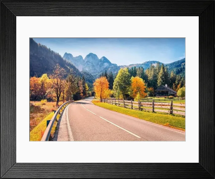 Framed Print : Sunny morning view of Gosaubach lake with asphalt road Framed Print : Sunny morning view of Gosaubach lake with asphalt road
