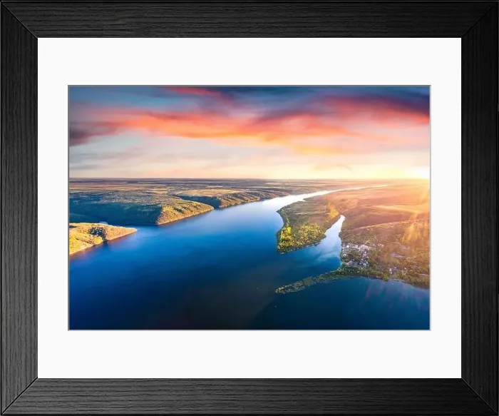 Framed Print : Spectacular evening view from flying drone of Dnister river