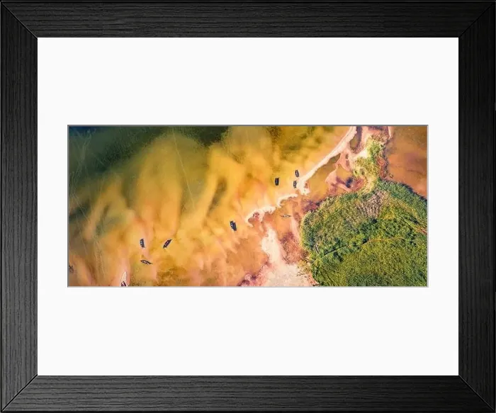Framed Print : Straight down view from flying drone of shore and fishing boats on Svityaz lake Framed Print : Straight down view from flying drone of shore and fishing boats on Svityaz lake