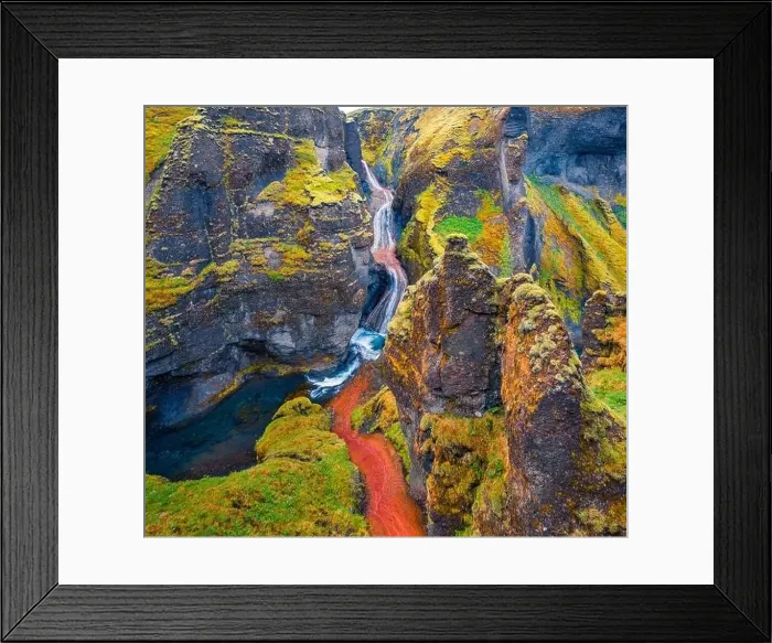 Framed Print : View from flying drone of waterfall in Fjadrargljufur canyon Framed Print : View from flying drone of waterfall in Fjadrargljufur canyon