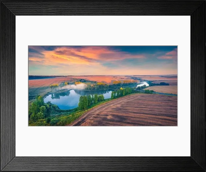 Framed Print : Stunning summer sunrise on Ternopil outskirts with two lakes and asphalt road on the midle Framed Print : Stunning summer sunrise on Ternopil outskirts with two lakes and asphalt road on the midle