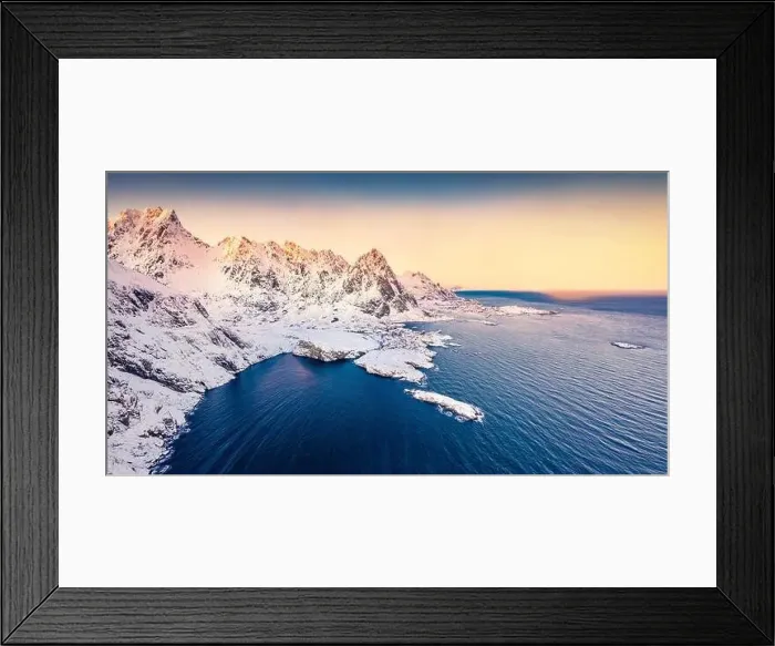Framed Print : View from flying drone of southernmost of Lofoten islands town Framed Print : View from flying drone of southernmost of Lofoten islands town