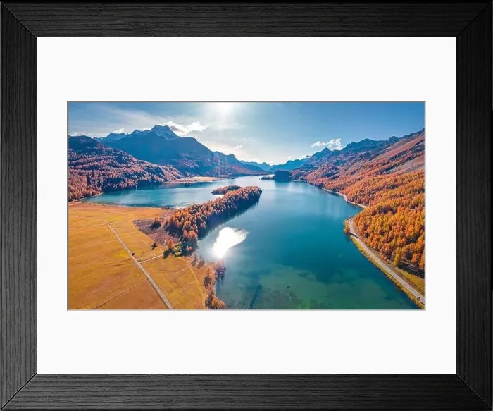 Framed Print : Sun reflected in the calm waterf of Sils lake Framed Print : Sun reflected in the calm waterf of Sils lake
