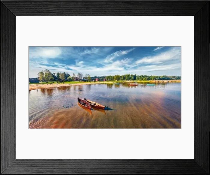 Framed Print : View from flying drone of two fishing boats on the Svityaz lake Framed Print : View from flying drone of two fishing boats on the Svityaz lake